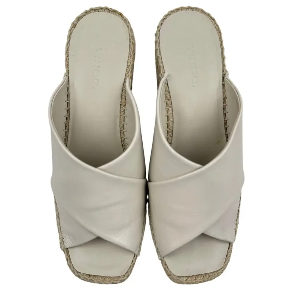 Vince Leather Espadrille Wedge 'Gaelan' Square Toe Sandals Ivory Made in Spain